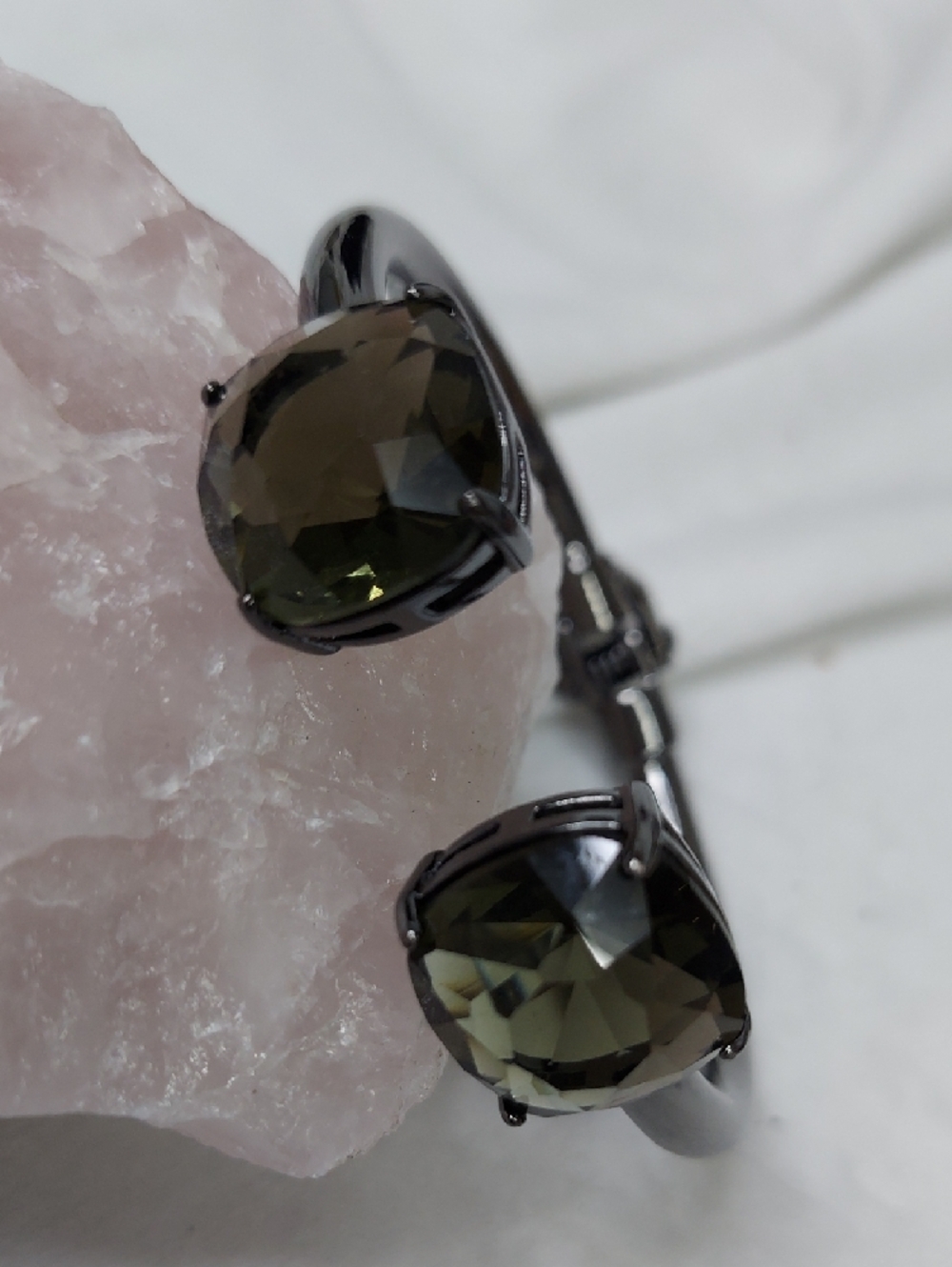 Black Gunmetal Bangle Bracelet with Smoky Green Stones
